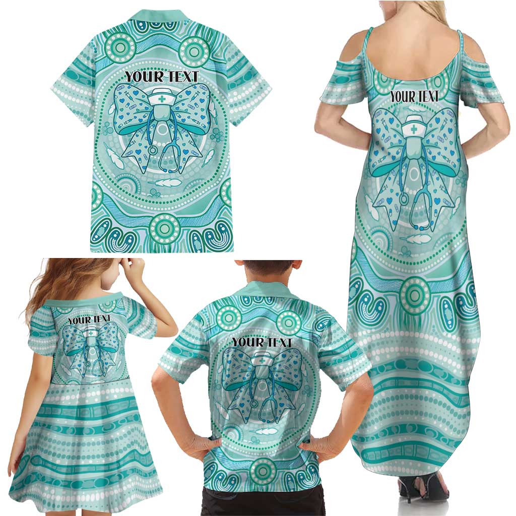 Aussie Nurse Personalised Family Matching Summer Maxi Dress and Hawaiian Shirt Turquoise Stethoscope Coquette Bow Aboriginal Dot Art