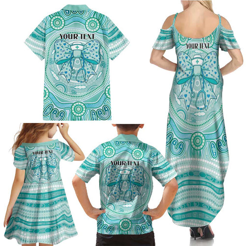 Aussie Nurse Personalised Family Matching Summer Maxi Dress and Hawaiian Shirt Turquoise Stethoscope Coquette Bow Aboriginal Dot Art