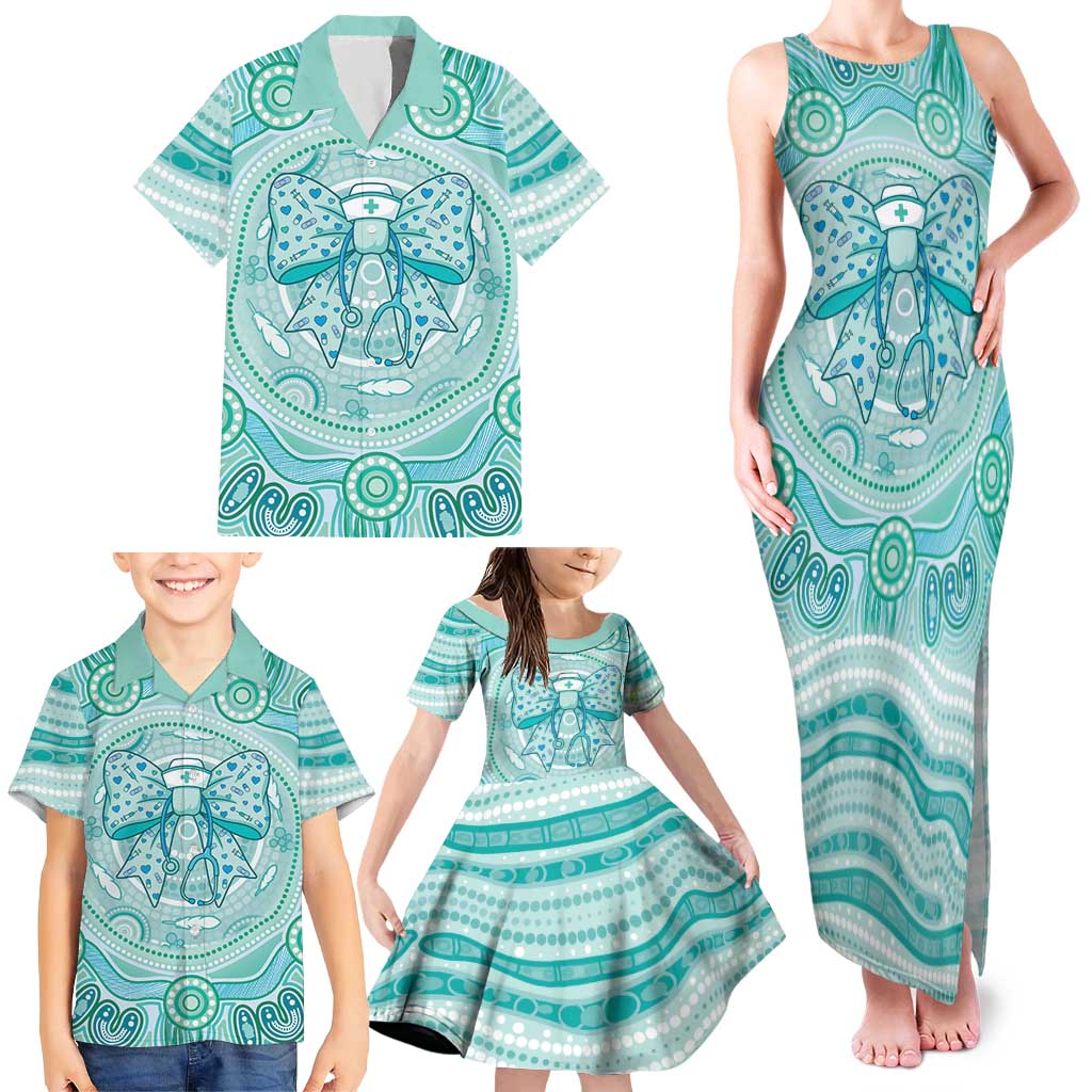Aussie Nurse Personalised Family Matching Tank Maxi Dress and Hawaiian Shirt Turquoise Stethoscope Coquette Bow Aboriginal Dot Art