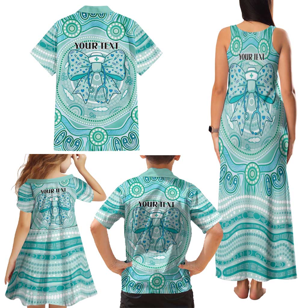 Aussie Nurse Personalised Family Matching Tank Maxi Dress and Hawaiian Shirt Turquoise Stethoscope Coquette Bow Aboriginal Dot Art