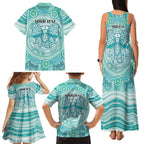 Aussie Nurse Personalised Family Matching Tank Maxi Dress and Hawaiian Shirt Turquoise Stethoscope Coquette Bow Aboriginal Dot Art
