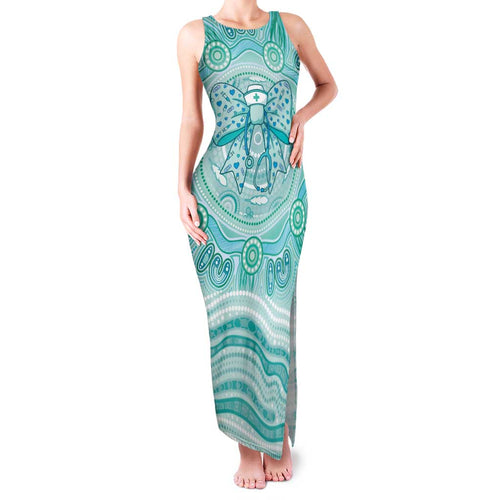 Aussie Nurse Personalised Family Matching Tank Maxi Dress and Hawaiian Shirt Turquoise Stethoscope Coquette Bow Aboriginal Dot Art