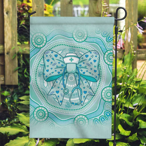 Aussie Nurse Garden Flag Turquoise Stethoscope Coquette Bow Aboriginal Dot Art