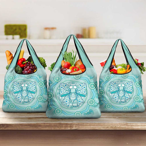 Aussie Nurse Grocery Bag Turquoise Stethoscope Coquette Bow Aboriginal Dot Art