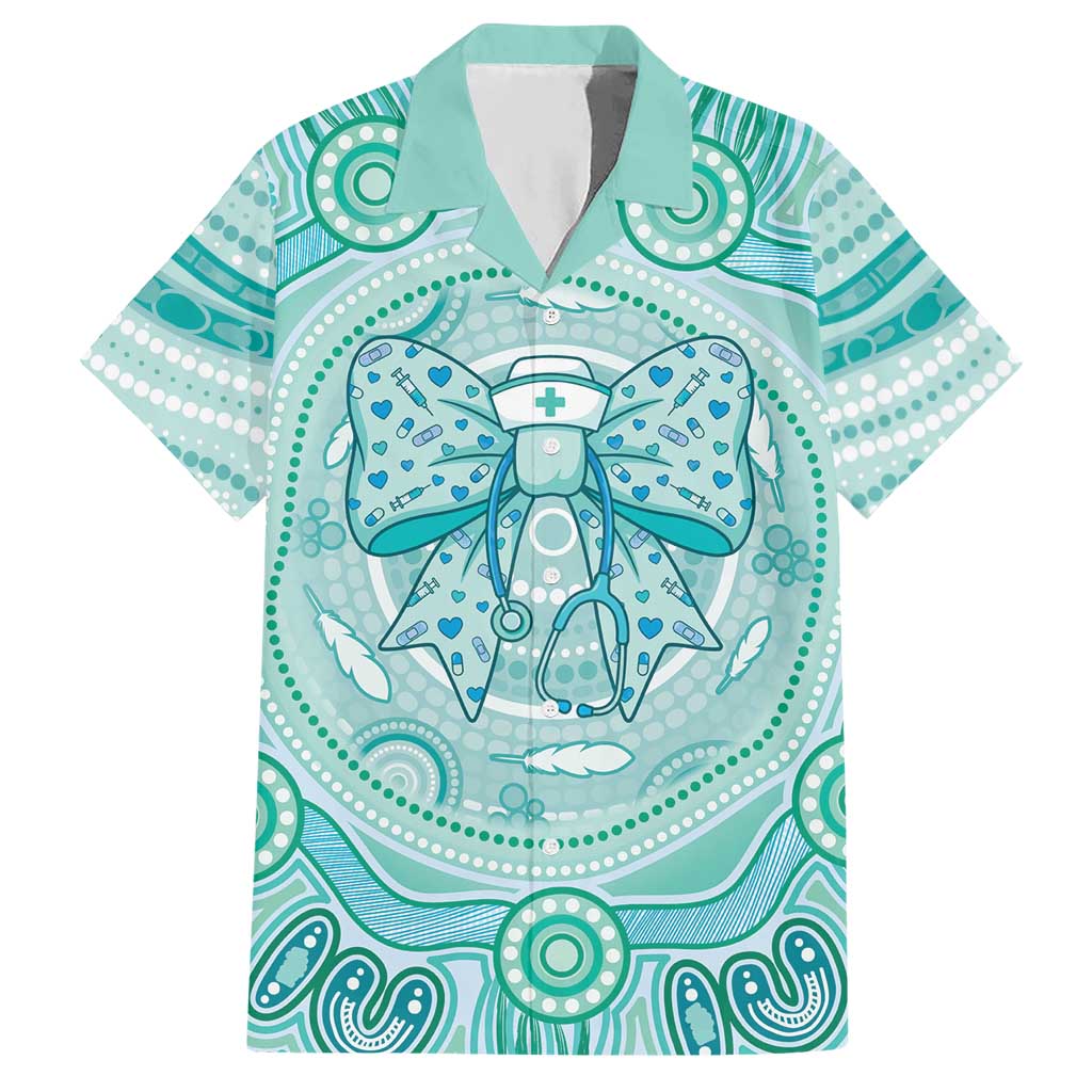 Aussie Nurse Personalised Hawaiian Shirt Turquoise Stethoscope Coquette Bow Aboriginal Dot Art