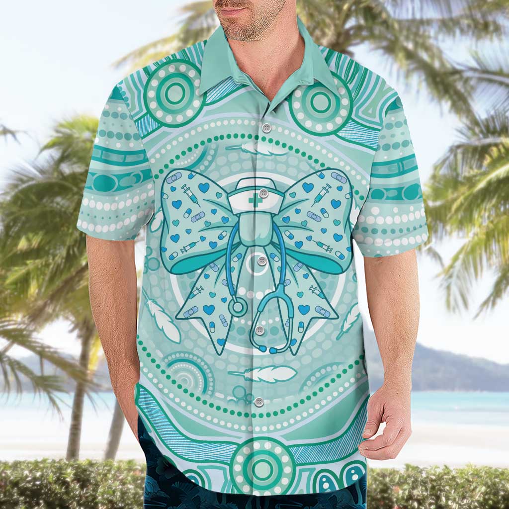 Aussie Nurse Personalised Hawaiian Shirt Turquoise Stethoscope Coquette Bow Aboriginal Dot Art