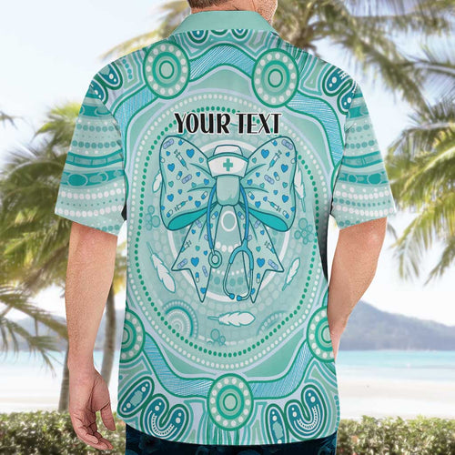 Aussie Nurse Personalised Hawaiian Shirt Turquoise Stethoscope Coquette Bow Aboriginal Dot Art