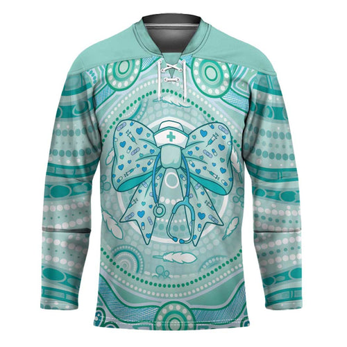 Aussie Nurse Personalised Hockey Jersey Turquoise Stethoscope Coquette Bow Aboriginal Dot Art