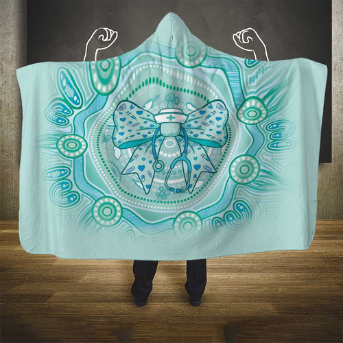 Aussie Nurse Hooded Blanket Turquoise Stethoscope Coquette Bow Aboriginal Dot Art