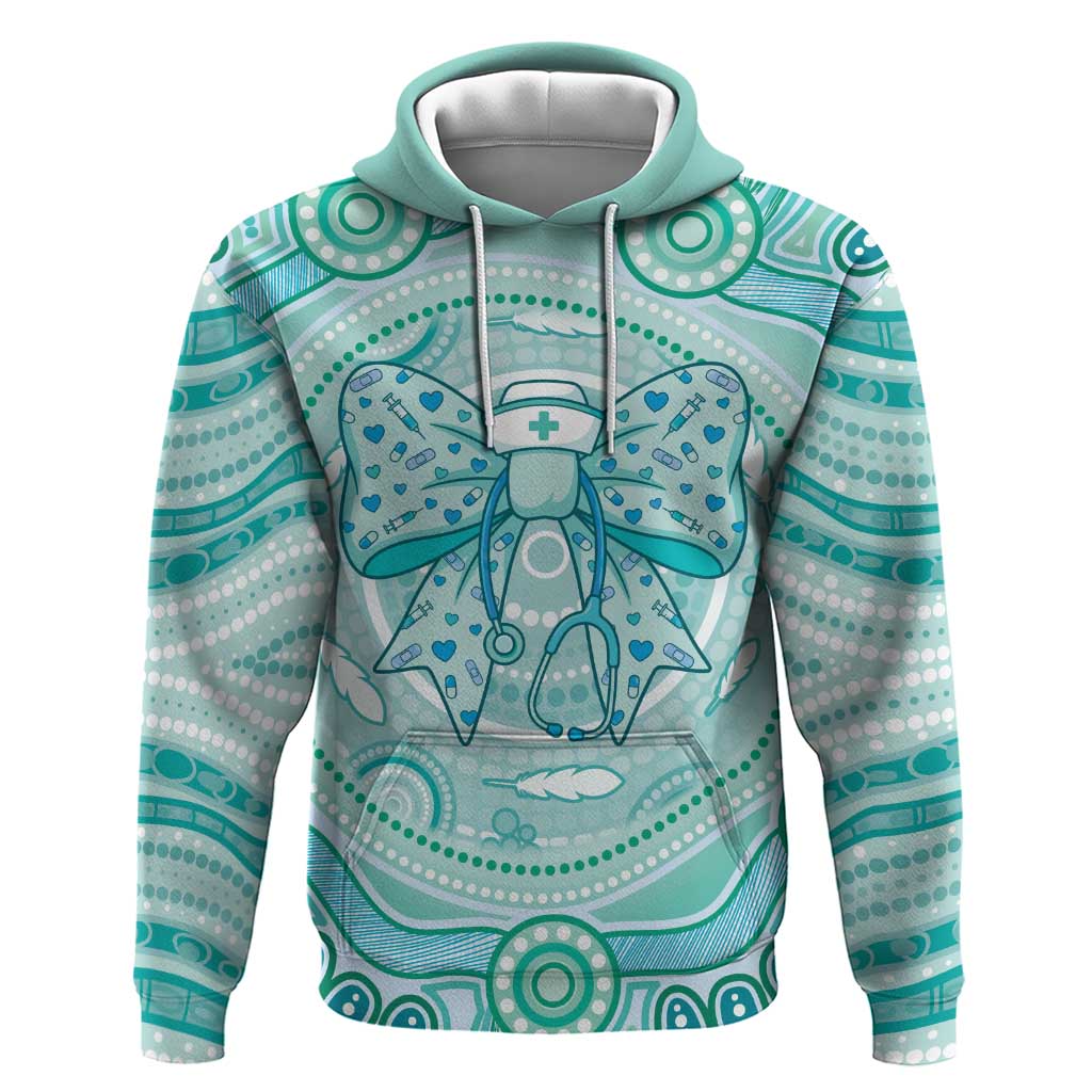 Aussie Nurse Personalised Hoodie Turquoise Stethoscope Coquette Bow Aboriginal Dot Art