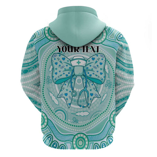Aussie Nurse Personalised Hoodie Turquoise Stethoscope Coquette Bow Aboriginal Dot Art