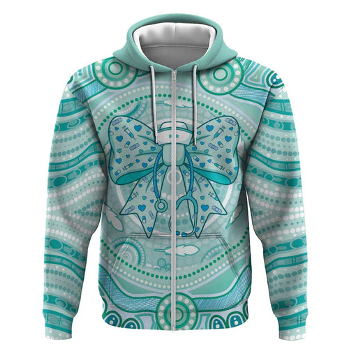 Aussie Nurse Personalised Hoodie Turquoise Stethoscope Coquette Bow Aboriginal Dot Art