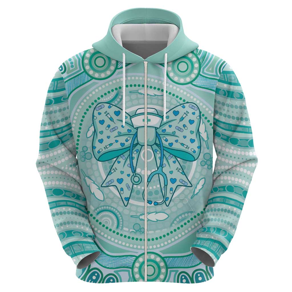 Aussie Nurse Personalised Hoodie Turquoise Stethoscope Coquette Bow Aboriginal Dot Art