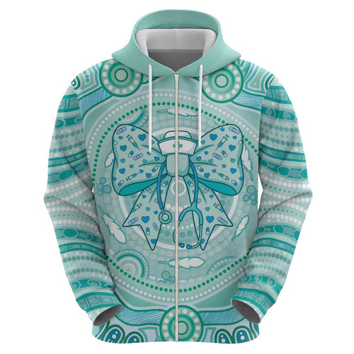 Aussie Nurse Personalised Hoodie Turquoise Stethoscope Coquette Bow Aboriginal Dot Art