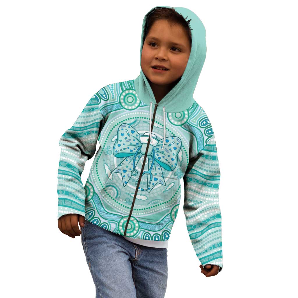 Aussie Nurse Personalised Kid Hoodie Turquoise Stethoscope Coquette Bow Aboriginal Dot Art