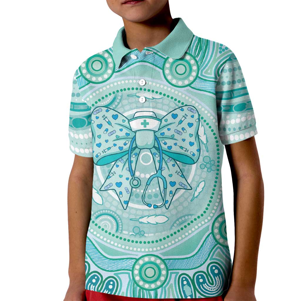 Aussie Nurse Personalised Kid Polo Shirt Turquoise Stethoscope Coquette Bow Aboriginal Dot Art