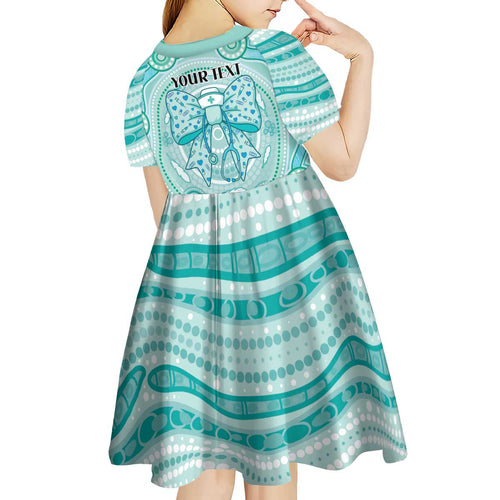 Aussie Nurse Personalised Kid Short Sleeve Dress Turquoise Stethoscope Coquette Bow Aboriginal Dot Art