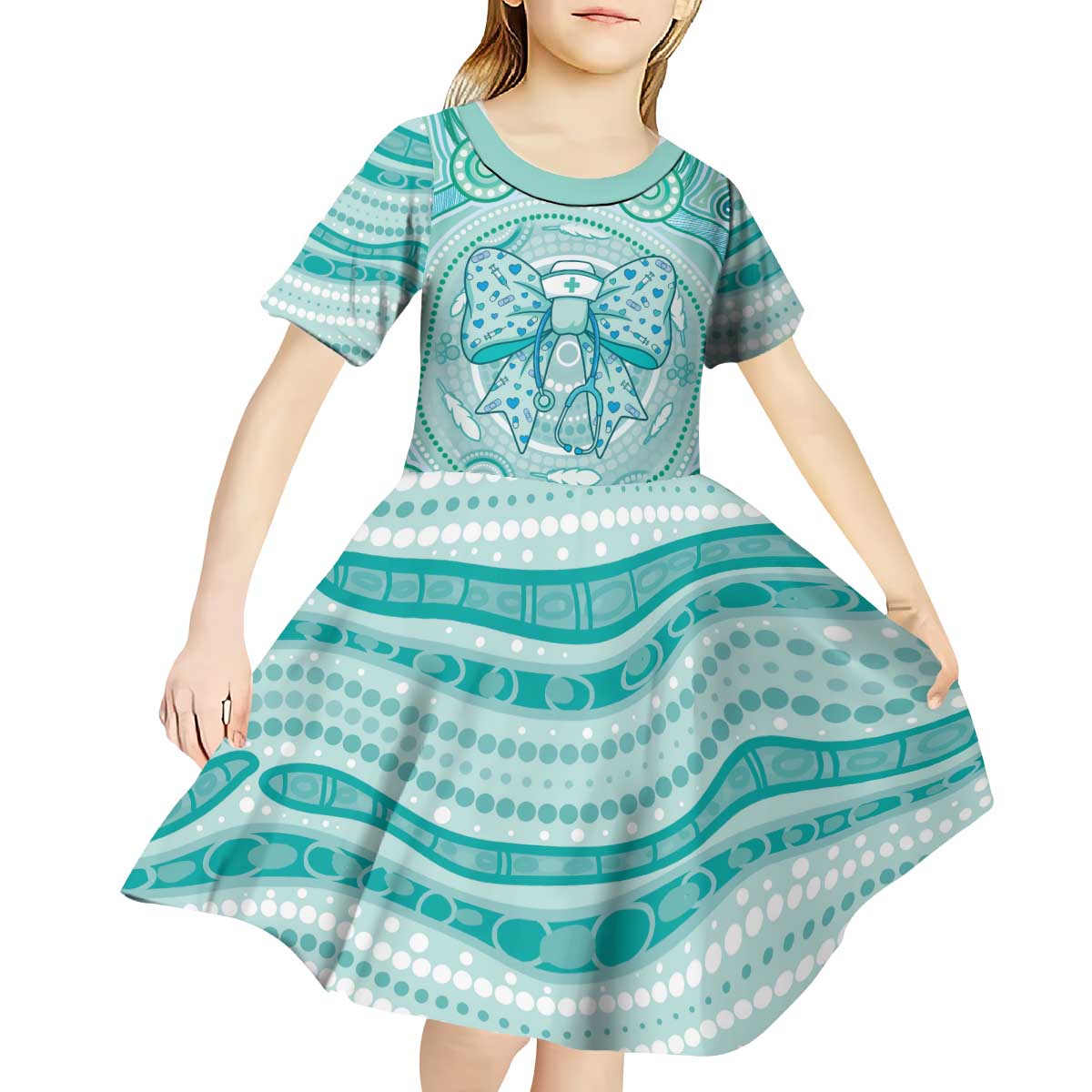 Aussie Nurse Personalised Kid Short Sleeve Dress Turquoise Stethoscope Coquette Bow Aboriginal Dot Art