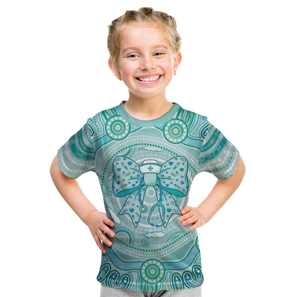 Aussie Nurse Personalised Kid T Shirt Turquoise Stethoscope Coquette Bow Aboriginal Dot Art