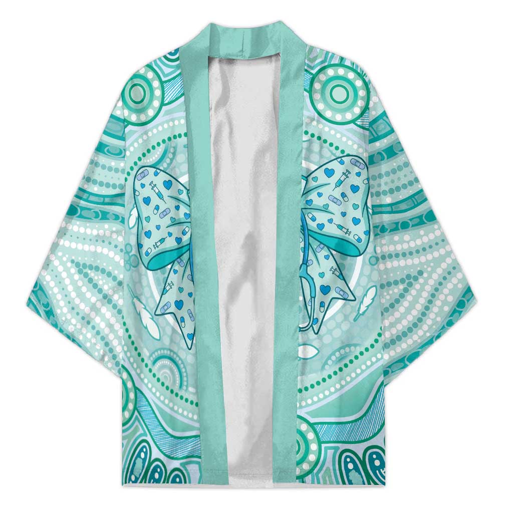 Aussie Nurse Personalised Kimono Turquoise Stethoscope Coquette Bow Aboriginal Dot Art
