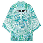 Aussie Nurse Personalised Kimono Turquoise Stethoscope Coquette Bow Aboriginal Dot Art