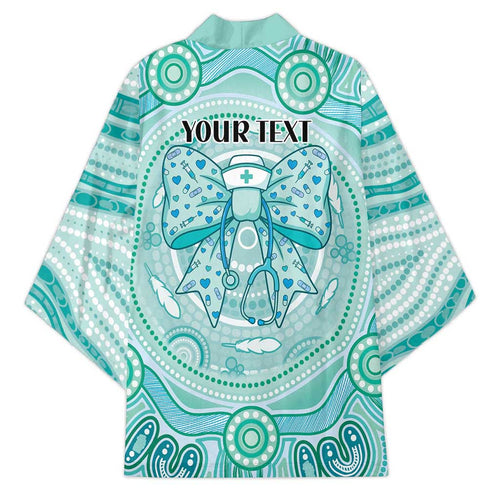 Aussie Nurse Personalised Kimono Turquoise Stethoscope Coquette Bow Aboriginal Dot Art