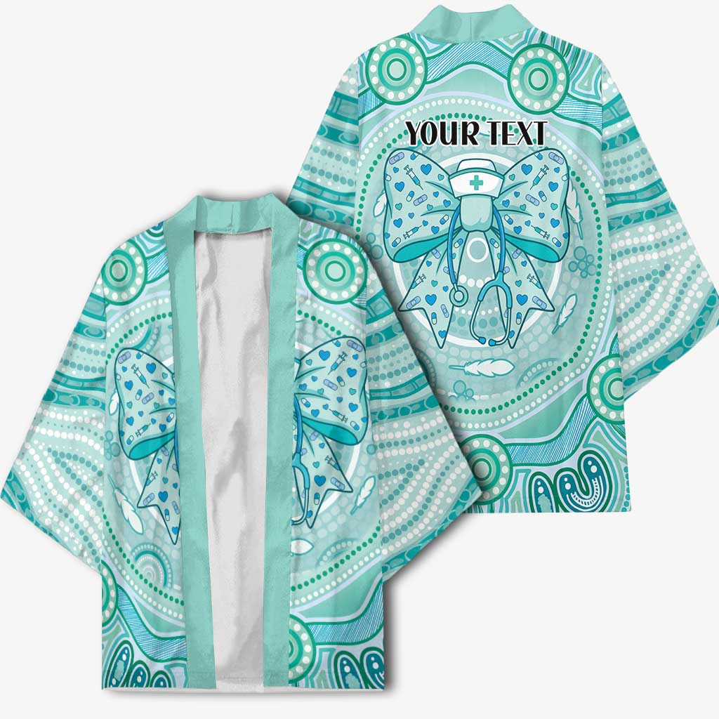 Aussie Nurse Personalised Kimono Turquoise Stethoscope Coquette Bow Aboriginal Dot Art