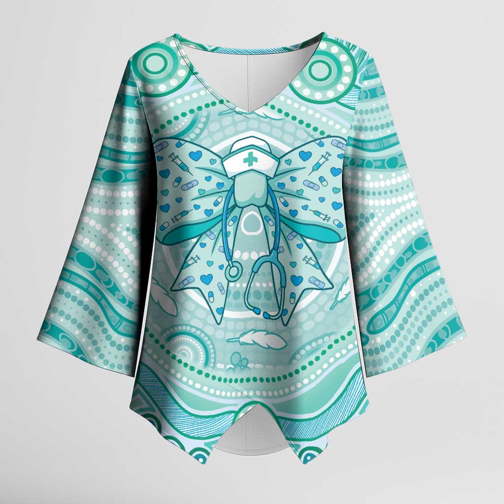 Aussie Nurse Personalised Kimono Sleeve Blouse Turquoise Stethoscope Coquette Bow Aboriginal Dot Art