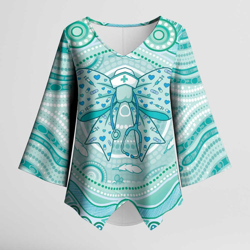 Aussie Nurse Personalised Kimono Sleeve Blouse Turquoise Stethoscope Coquette Bow Aboriginal Dot Art