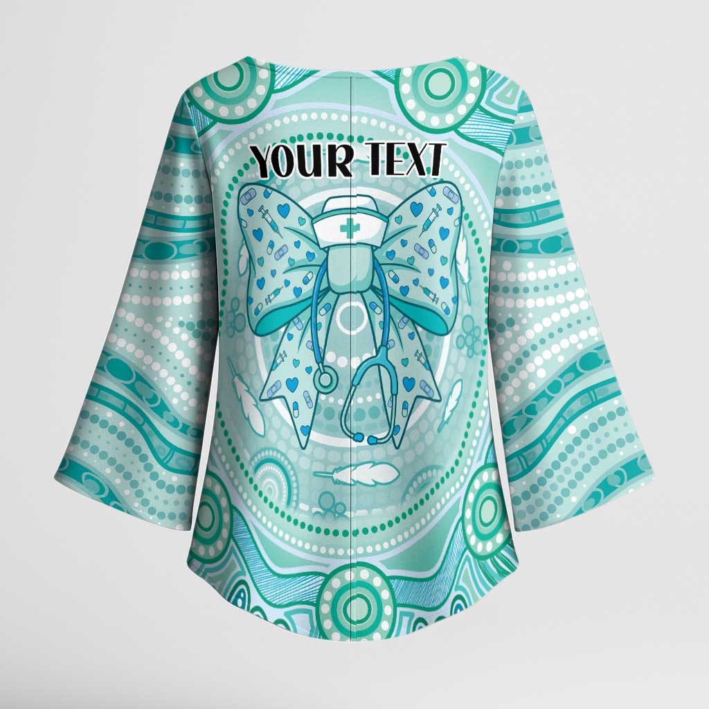 Aussie Nurse Personalised Kimono Sleeve Blouse Turquoise Stethoscope Coquette Bow Aboriginal Dot Art
