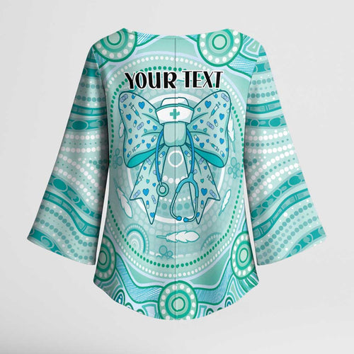 Aussie Nurse Personalised Kimono Sleeve Blouse Turquoise Stethoscope Coquette Bow Aboriginal Dot Art
