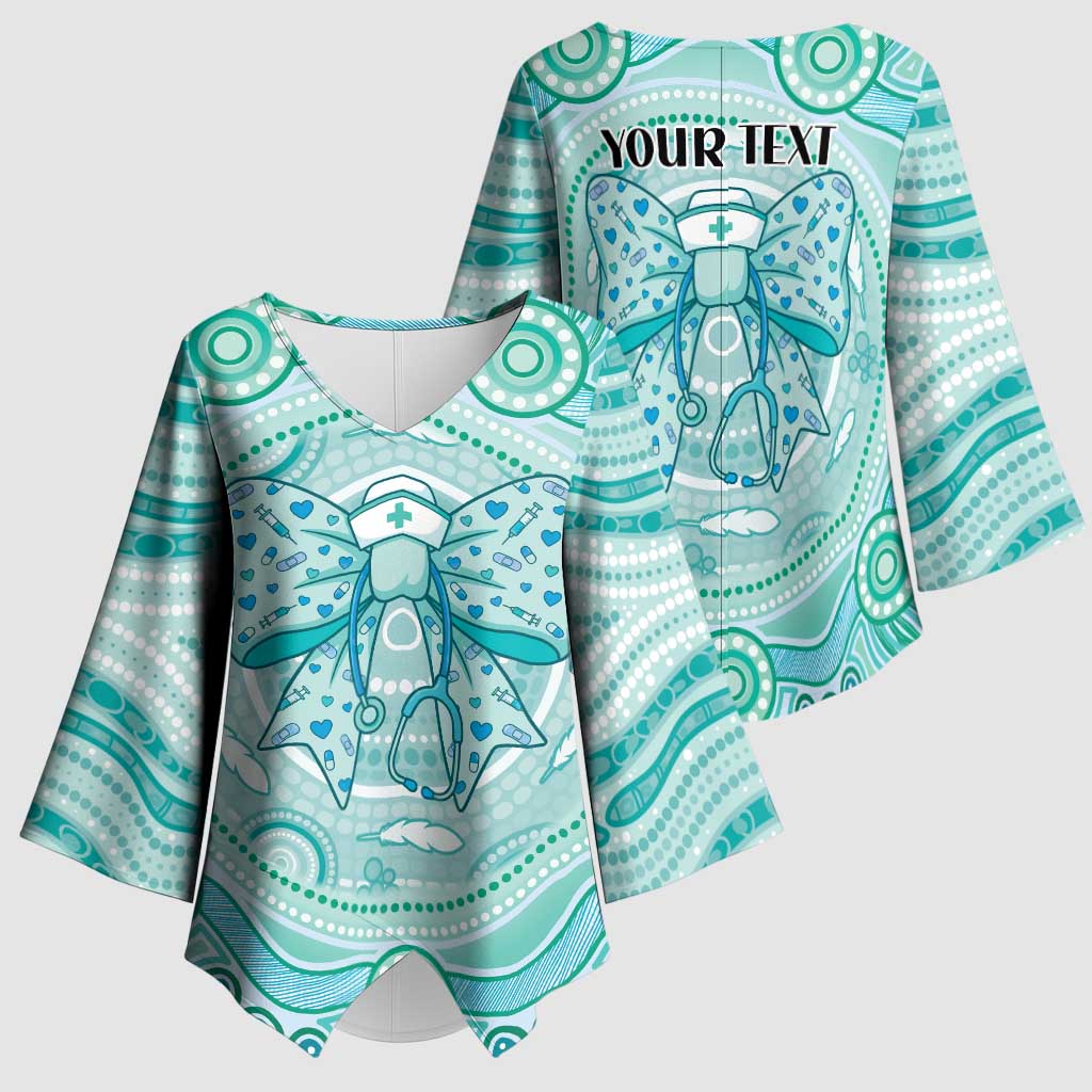Aussie Nurse Personalised Kimono Sleeve Blouse Turquoise Stethoscope Coquette Bow Aboriginal Dot Art