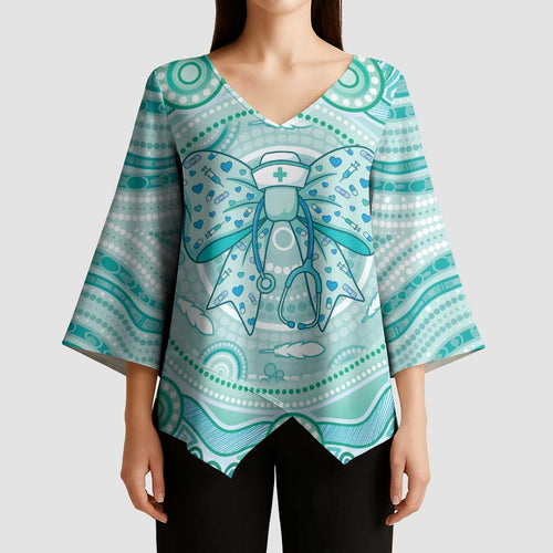 Aussie Nurse Personalised Kimono Sleeve Blouse Turquoise Stethoscope Coquette Bow Aboriginal Dot Art