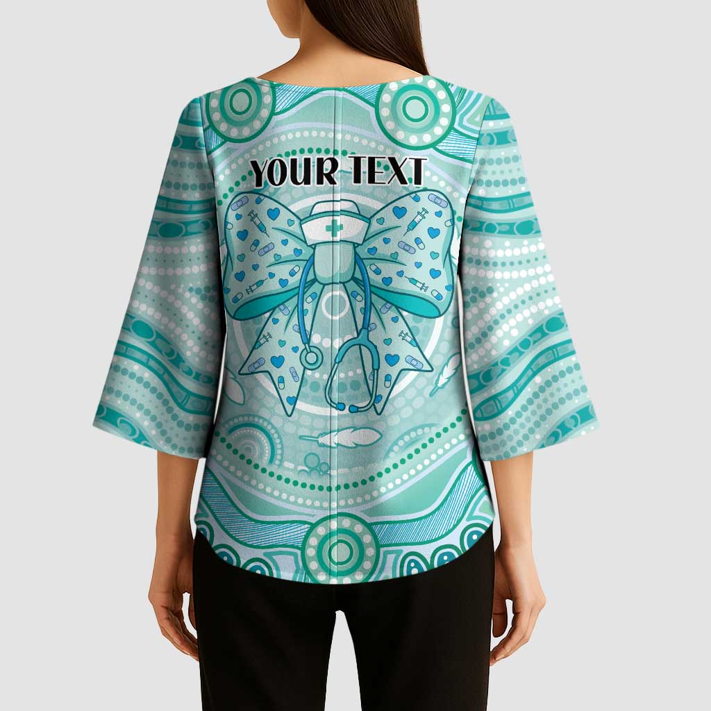 Aussie Nurse Personalised Kimono Sleeve Blouse Turquoise Stethoscope Coquette Bow Aboriginal Dot Art