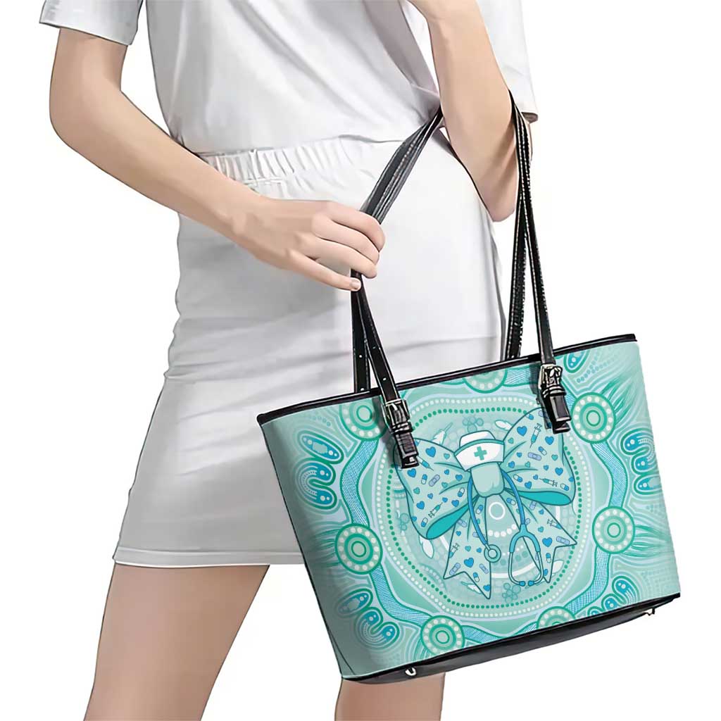 Aussie Nurse Leather Tote Bag Turquoise Stethoscope Coquette Bow Aboriginal Dot Art