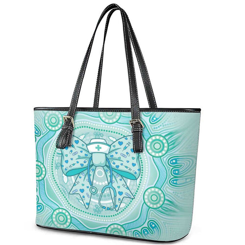 Aussie Nurse Leather Tote Bag Turquoise Stethoscope Coquette Bow Aboriginal Dot Art