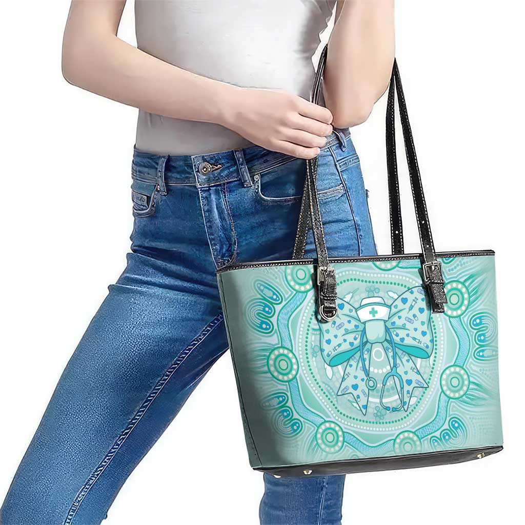 Aussie Nurse Leather Tote Bag Turquoise Stethoscope Coquette Bow Aboriginal Dot Art