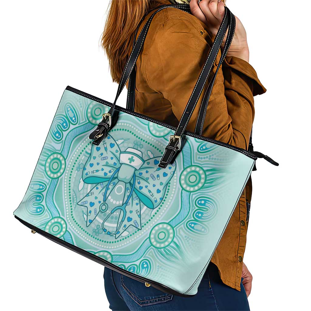 Aussie Nurse Leather Tote Bag Turquoise Stethoscope Coquette Bow Aboriginal Dot Art
