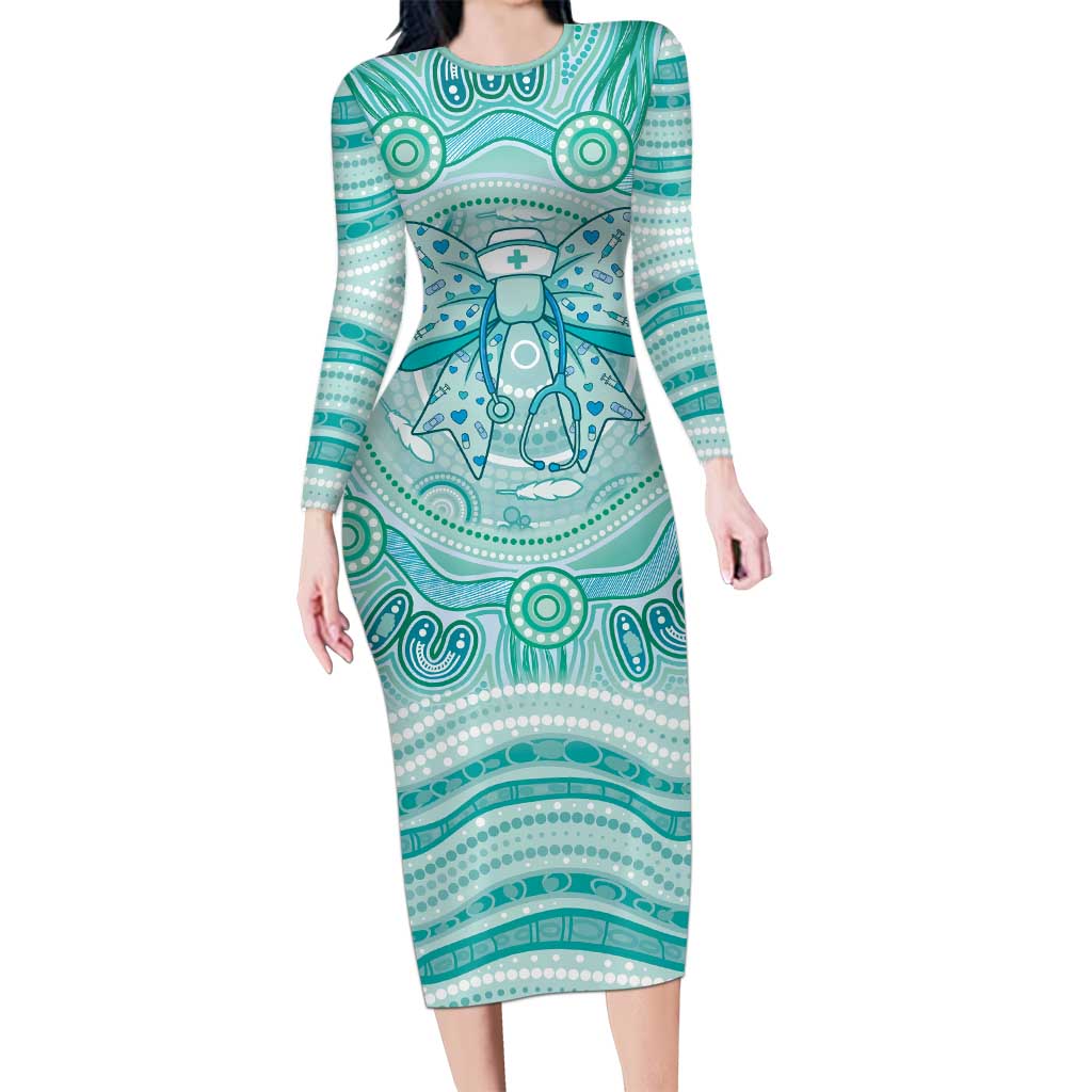 Aussie Nurse Personalised Long Sleeve Bodycon Dress Turquoise Stethoscope Coquette Bow Aboriginal Dot Art