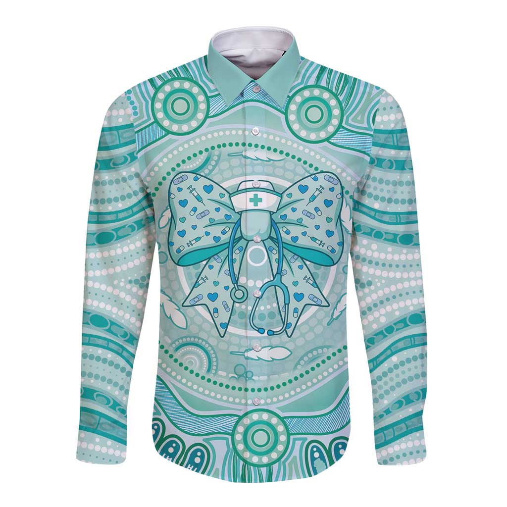 Aussie Nurse Personalised Long Sleeve Button Shirt Turquoise Stethoscope Coquette Bow Aboriginal Dot Art