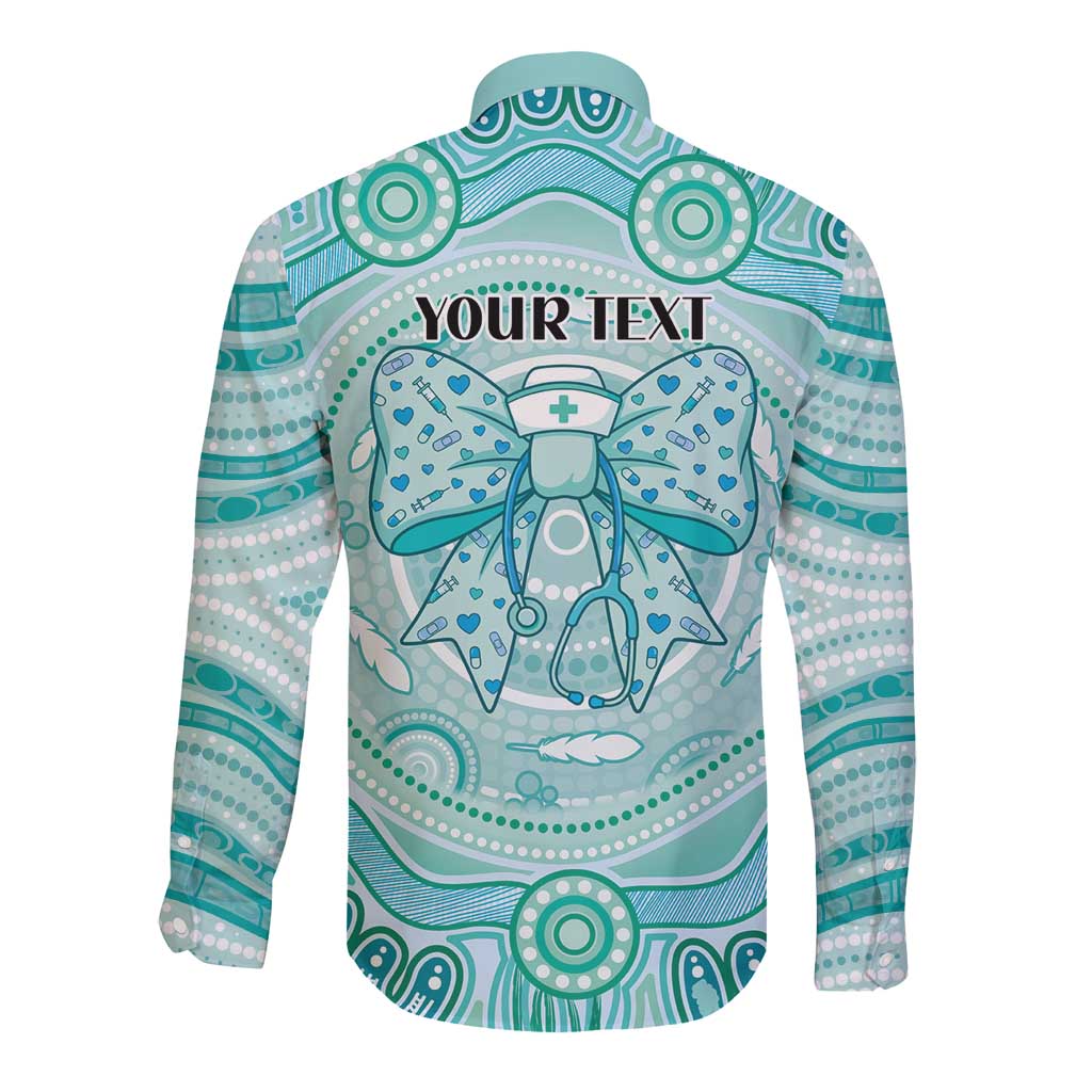 Aussie Nurse Personalised Long Sleeve Button Shirt Turquoise Stethoscope Coquette Bow Aboriginal Dot Art