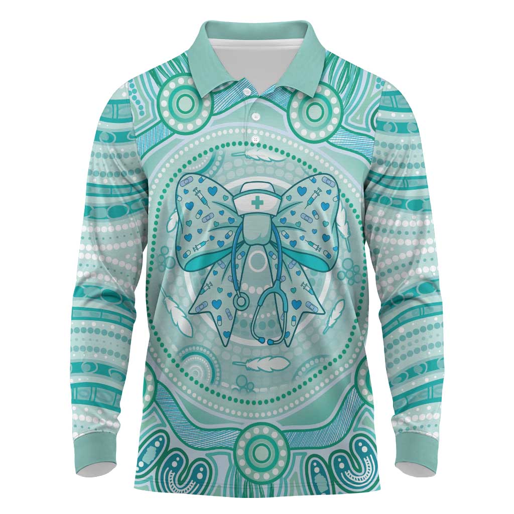 Aussie Nurse Personalised Long Sleeve Polo Shirt Turquoise Stethoscope Coquette Bow Aboriginal Dot Art