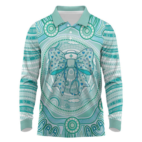 Aussie Nurse Personalised Long Sleeve Polo Shirt Turquoise Stethoscope Coquette Bow Aboriginal Dot Art
