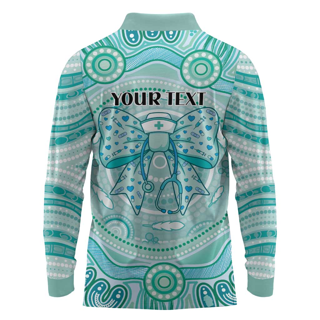 Aussie Nurse Personalised Long Sleeve Polo Shirt Turquoise Stethoscope Coquette Bow Aboriginal Dot Art
