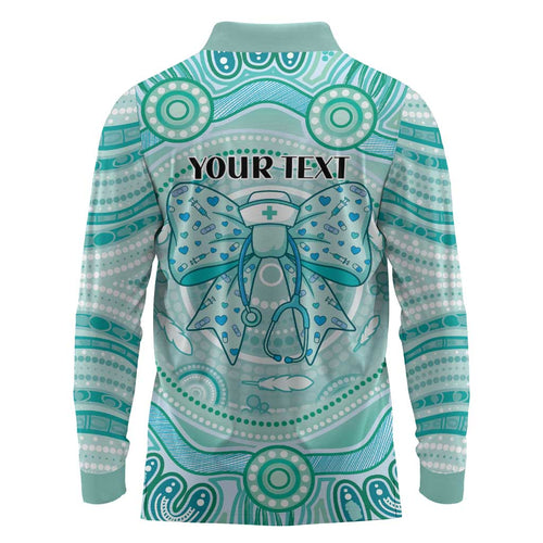 Aussie Nurse Personalised Long Sleeve Polo Shirt Turquoise Stethoscope Coquette Bow Aboriginal Dot Art