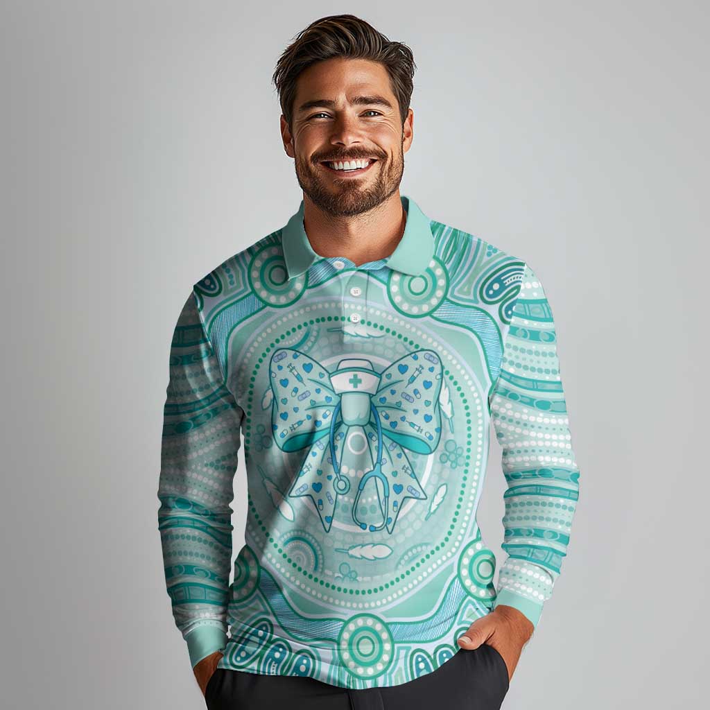 Aussie Nurse Personalised Long Sleeve Polo Shirt Turquoise Stethoscope Coquette Bow Aboriginal Dot Art