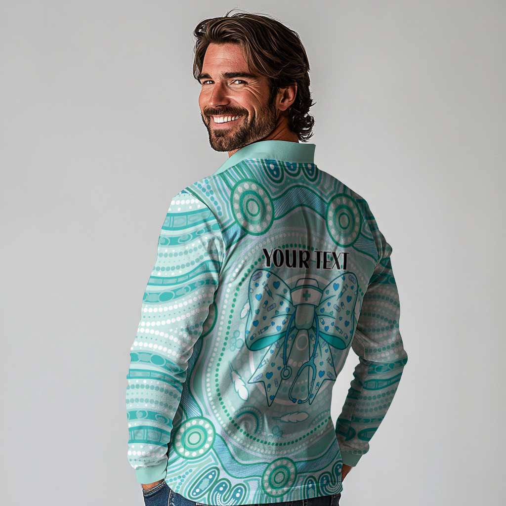 Aussie Nurse Personalised Long Sleeve Polo Shirt Turquoise Stethoscope Coquette Bow Aboriginal Dot Art