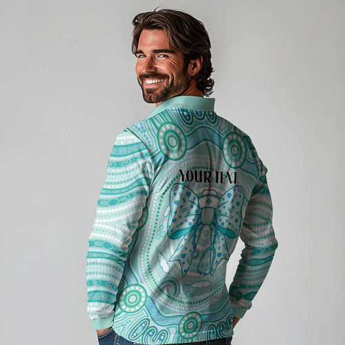 Aussie Nurse Personalised Long Sleeve Polo Shirt Turquoise Stethoscope Coquette Bow Aboriginal Dot Art
