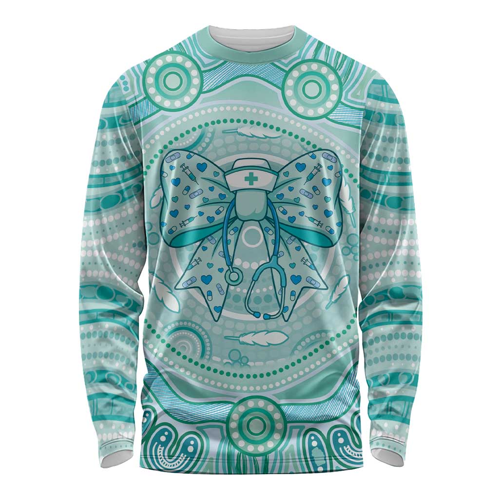 Aussie Nurse Personalised Long Sleeve Shirt Turquoise Stethoscope Coquette Bow Aboriginal Dot Art