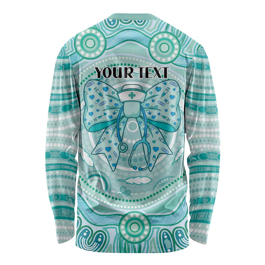 Aussie Nurse Personalised Long Sleeve Shirt Turquoise Stethoscope Coquette Bow Aboriginal Dot Art